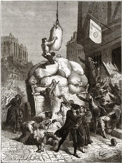 The War of Flours: Plundring av bagerier i Paris, runt 1775 (franska revolutionens första frukt) av School French