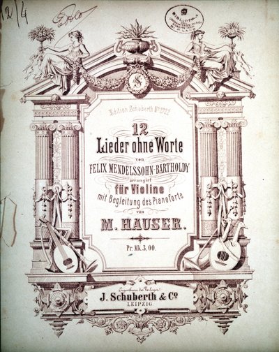 12 Lieder utan ord ackompanjerad på piano, av Felix Mendelssohn (litho) av School German