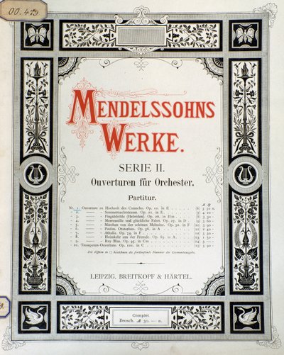 Omslag till partituren "Ouverture Op. 10 för orkester" av Felix Mendelssohn (färg litho) av School German