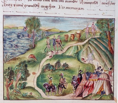 MS Add.15217 fol.40 Ett venezuelanskt landskap med ett spanskt läger, från en samling memoarer från familjen Coeler, Nürnberg av School German