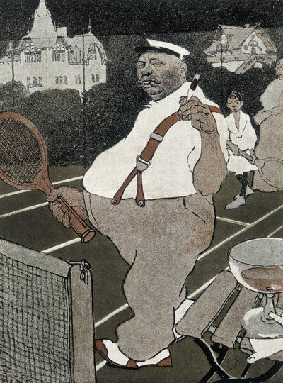 Tennis: tjock man, röker och dricker alkohol, spelar tennis - tysk tecknad film av School German