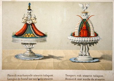Design för presentation av oxtunga på en bädd av stearin och för hummer, illustration från en ungersk kokbok om fransk matlagning, ca 1880 (litografi i färg). av School Hungarian