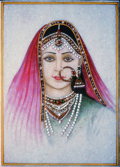 A Rajasthani Lady (gouache och akvarell på marmorplatta) av School Indian