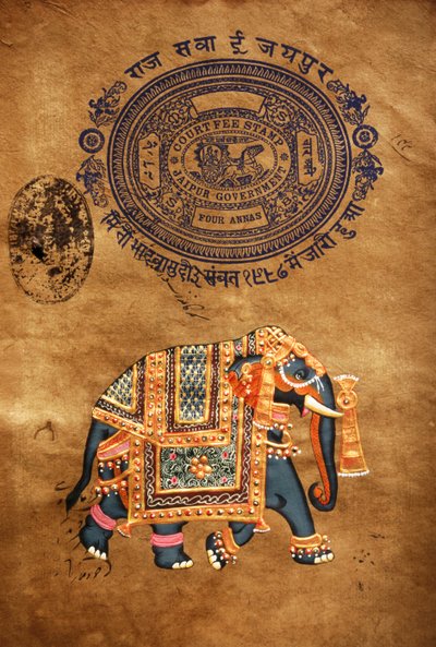 Elefant, handgjord målning och gammalt stämpelpapper, Jaipur, Rajasthan, Indien av School Indian