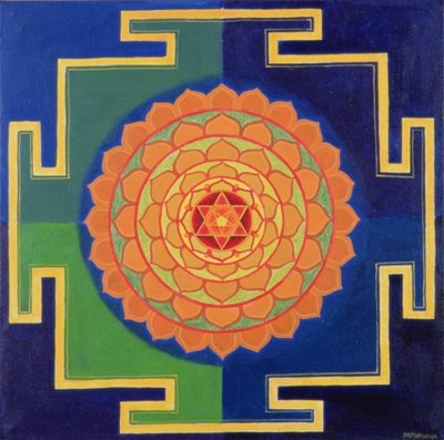 Gayatri Yantra-teckning (pigment på tavla) av School Indian