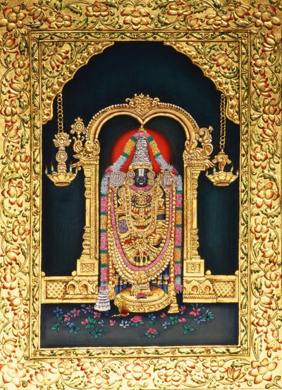 Gud Tirupati Balaji i miniatyr Panting på papper med guldprägling av School Indian