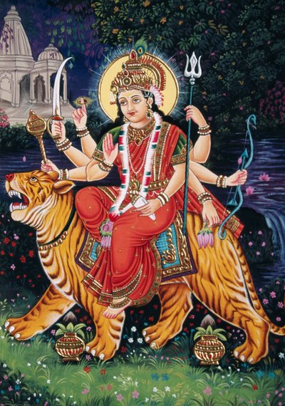 Gudinnan Durga Miniatyrmålning på papper med broderi av School Indian