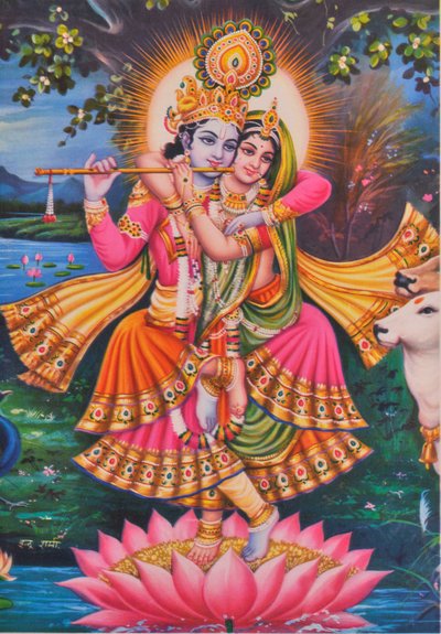 Krishna och Radha (färglitografi) av School Indian