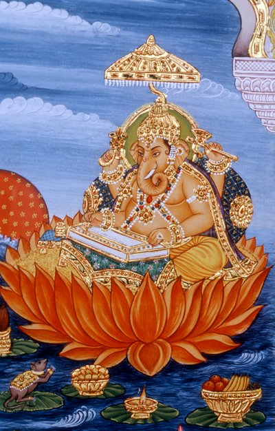 Lord Ganesh Ganpati miniatyrmålning skrivande skrift av School Indian