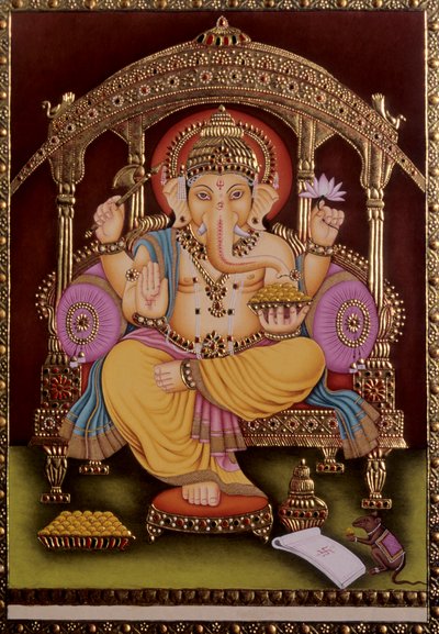 Lord Ganesh Ganpati Miniatyrmålning på papper med guldprägling av School Indian