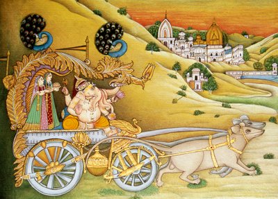 Lord Ganesh Ganpati Riddhi och Siddhi Miniatyrmålning på papper av School Indian