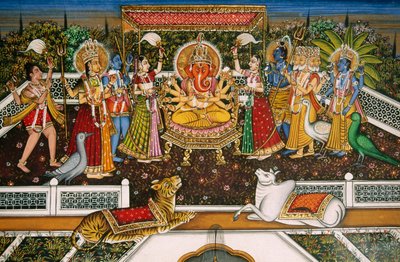 Lord Ganesh Ganpati med Brahma, Vishnu, Shiva, Durga, miniatyrmålning på papper av School Indian