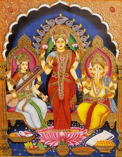 Lord Ganesh med Laxmi och Saraswati Miniatyrmålning på papper med guldpräglad Indien av School Indian