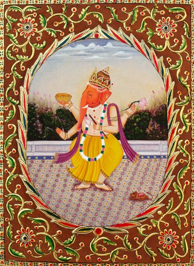 Lord Ganesha Ganpati Miniatyrmålning på papper med broderi av School Indian