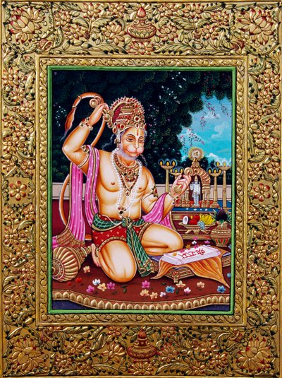 Lord Hanuman miniatyrmålningspapper med gyllene prägling av School Indian
