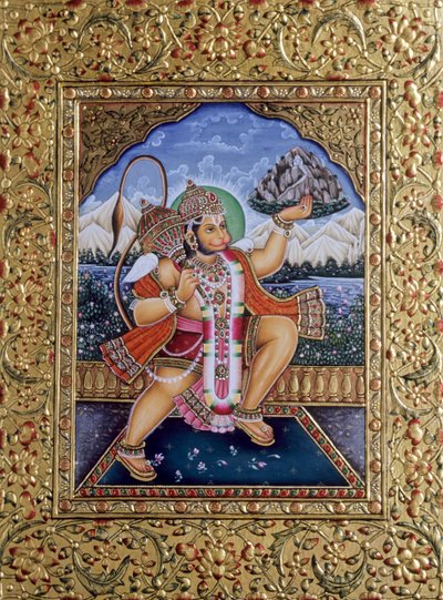 Lord Hanuman Miniatyrmålning på papper med guldbroderi av School Indian