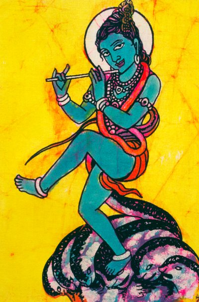 Lord Krishna Kaliya Mardhan Batik Målning av School Indian