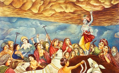 Lord Krishna lyfter berg miniatyrmålning av School Indian