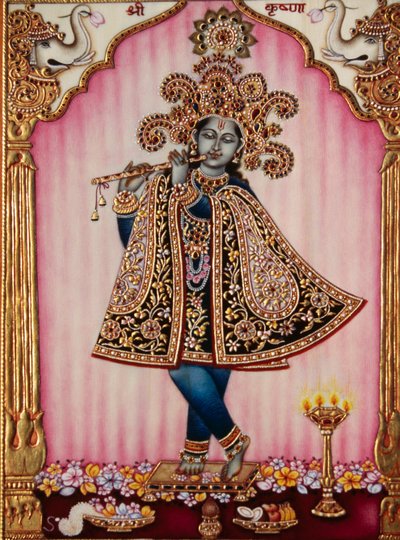 Lord Krishna miniatyrmålning på elfenben av School Indian