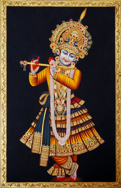 Lord Krishna spelar flöjt Miniatyrmålning på papper av School Indian