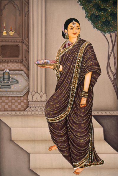 Marathi Lady Going To Temple Miniatyrmålning på papper av School Indian