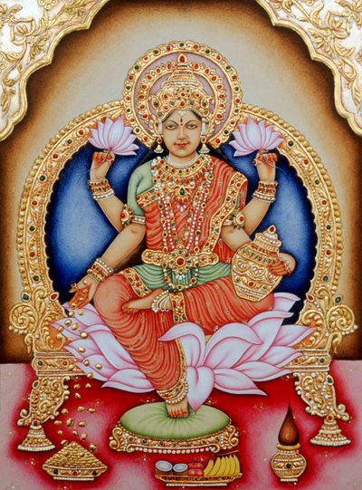 Miniatyrmålning av gudinnan Laxmi, Indien av School Indian