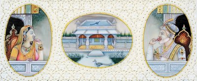 Miniatyrmålning av mogulkejsaren Aurangzeb med hustrun Mehrunnisa av School Indian