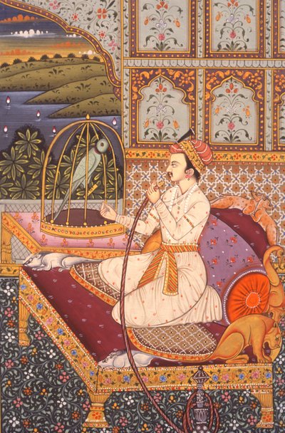 Miniatyrmålning av mogulprins som njuter av hooka, Indien av School Indian