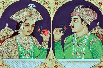 Miniatyrmålning av drottning Noorjahan med Jahangir Indien Asien av School Indian