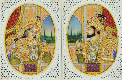 Miniatyrmålning av Shah Jahan med hustru Mumtaj Mahal Indien Asien av School Indian