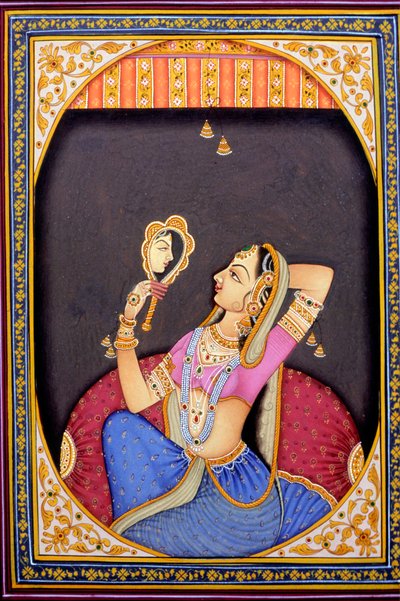 Miniatyrmålning av kvinna som tittar i spegeln av School Indian