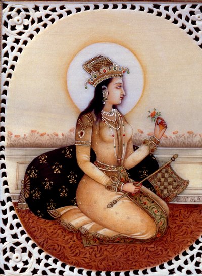 Miniatyrmålning på elfenben av prinsessan Mumtaz Mahal hustru till mogulkejsaren Shah Jahan av School Indian