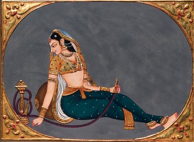 Miniatyrmålning på papper Lady njuter av vattenpipa av School Indian