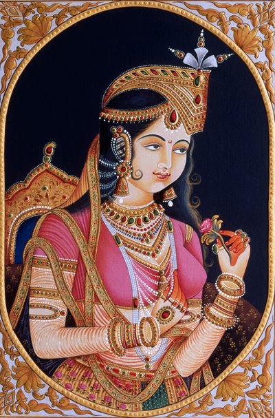 Miniatyrmålning på papper av prinsessan Mumtaz Mahal hustru till mogulkejsaren Shah Jahan av School Indian