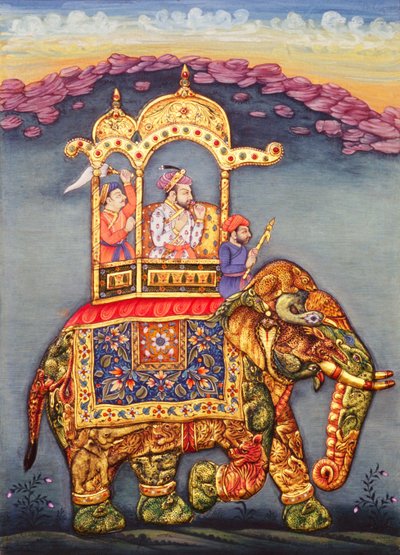 Mogulkungen Shah Jahan rider på elefant av School Indian