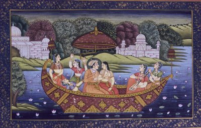 Mughal miniatyrmålning på papper, kunglig kärleksscen och njutande av musik i båt av School Indian