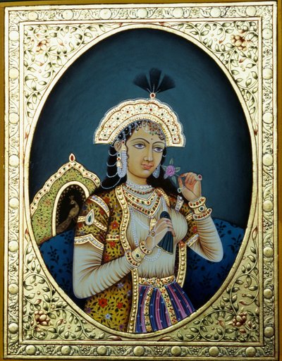 Mughal Princess Mumtaz Mahal Miniatyrmålning på papper av School Indian