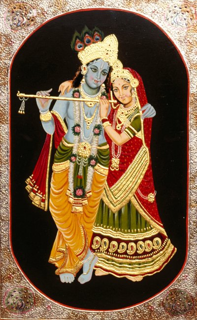 Målning av guden Krishna och hennes största tillbedjare Radha, Indien av School Indian