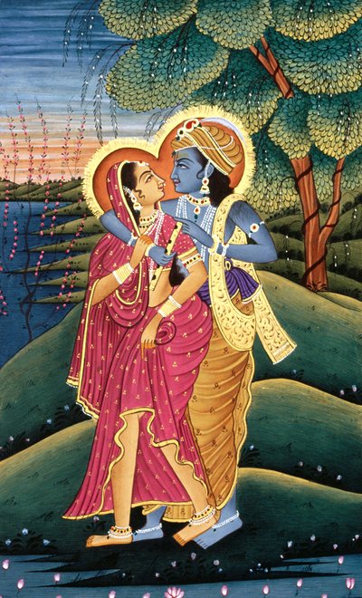 Målning av guden Krishna och hennes största hängivna Radha, Indien av School Indian