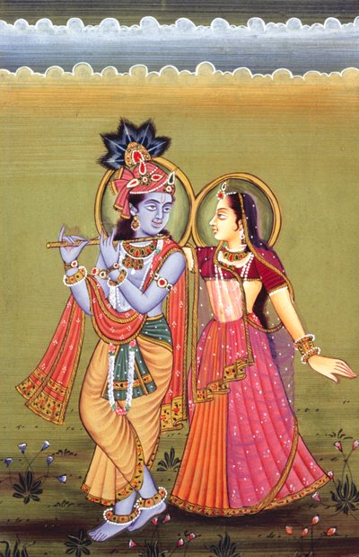 Målning av guden Krishna och hennes största hängivna Radha, Indien av School Indian