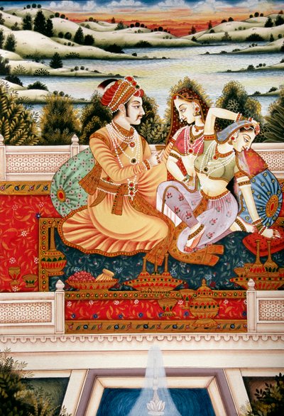 Målning av Mughalkejsare med sina fruar i kärleksscen, Indien av School Indian