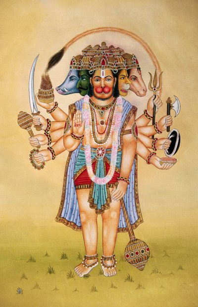 Panchmukhi Lord Hanuman Miniatyrmålning på papper av School Indian