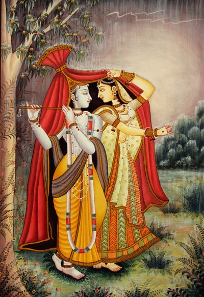 Radha Krishna miniatyrmålning i Monsoon på papper av School Indian