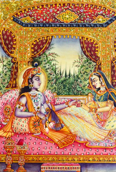 Radha Krishna miniatyrmålning på elfenben av School Indian