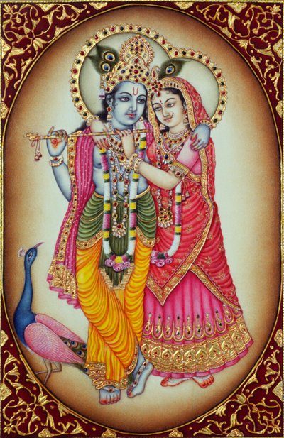 Radha Krishna miniatyrmålning på elfenben av School Indian