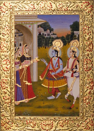 Radha Krishna Miniatyrmålning på papper med guldprägling av School Indian