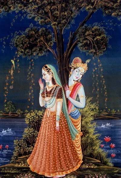 Radha Krishna miniatyrmålningar av School Indian