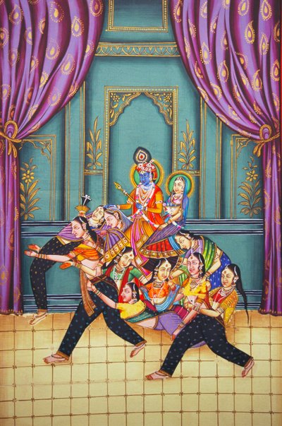 Radha Krishna med Sakhis Miniatyrmålning på papper av School Indian