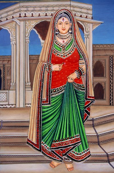 Rajasthani Lady at Tryst Miniatyrmålning på papper av School Indian