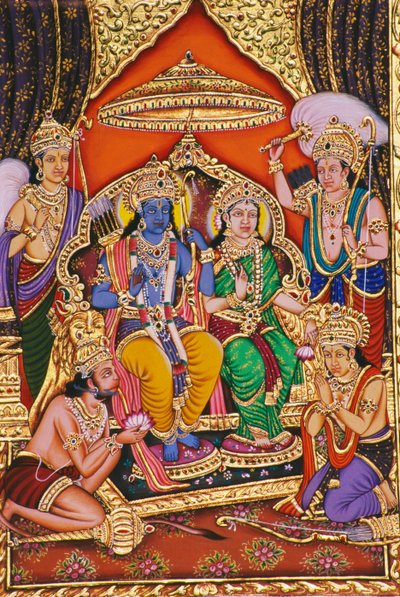 Ram Darbar Miniatyrmålning på papper med präglad av School Indian